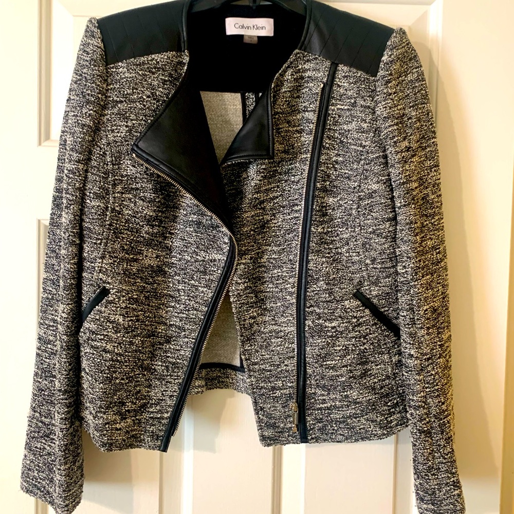 Calvin Klein Tweed and Leather Blazer Jacket Size 4